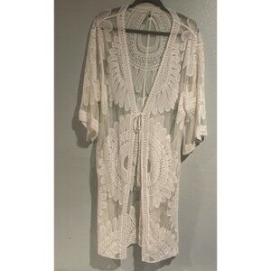 Kimono Lace Mesh Crochet Cream Cardigan Swim Cover Boho Layer Os